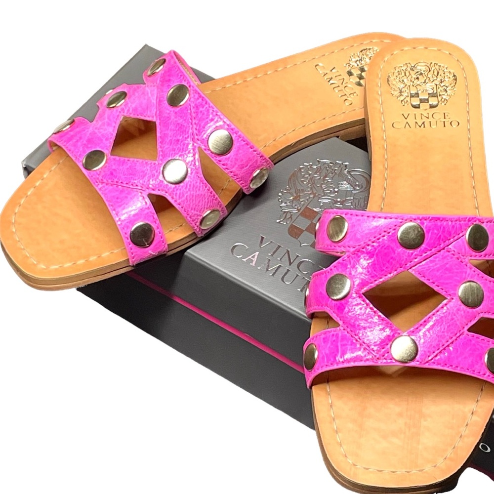 Vince Camuto Women's Studded Slip On Slide Sandal Vazista Pop Pink Pop Gloss New